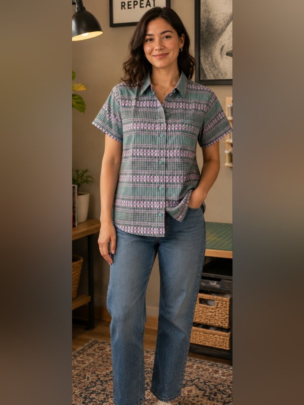 Wild Fang Casual Short-Sleeve Button-Up Shirt in Mint & Lavender Pattern